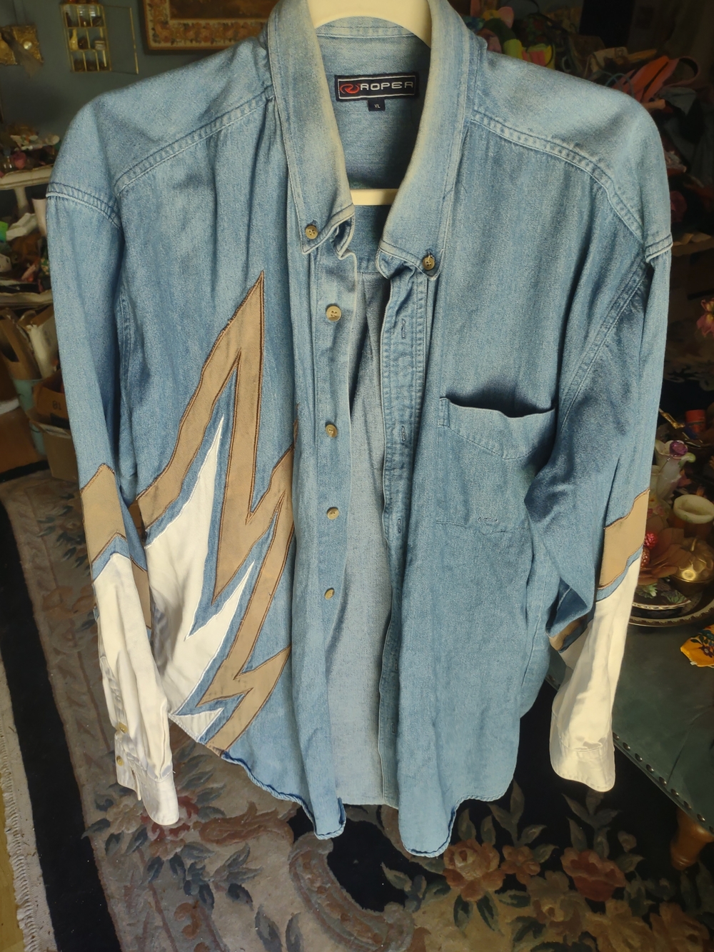 Roper Light Wash Denim Western Shirt with White & Tan Accents
